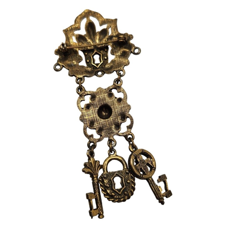 1970s Brass Lock & Key Dangle Brooch with Red Green White Glass Stones Large - Picture 3 of 3